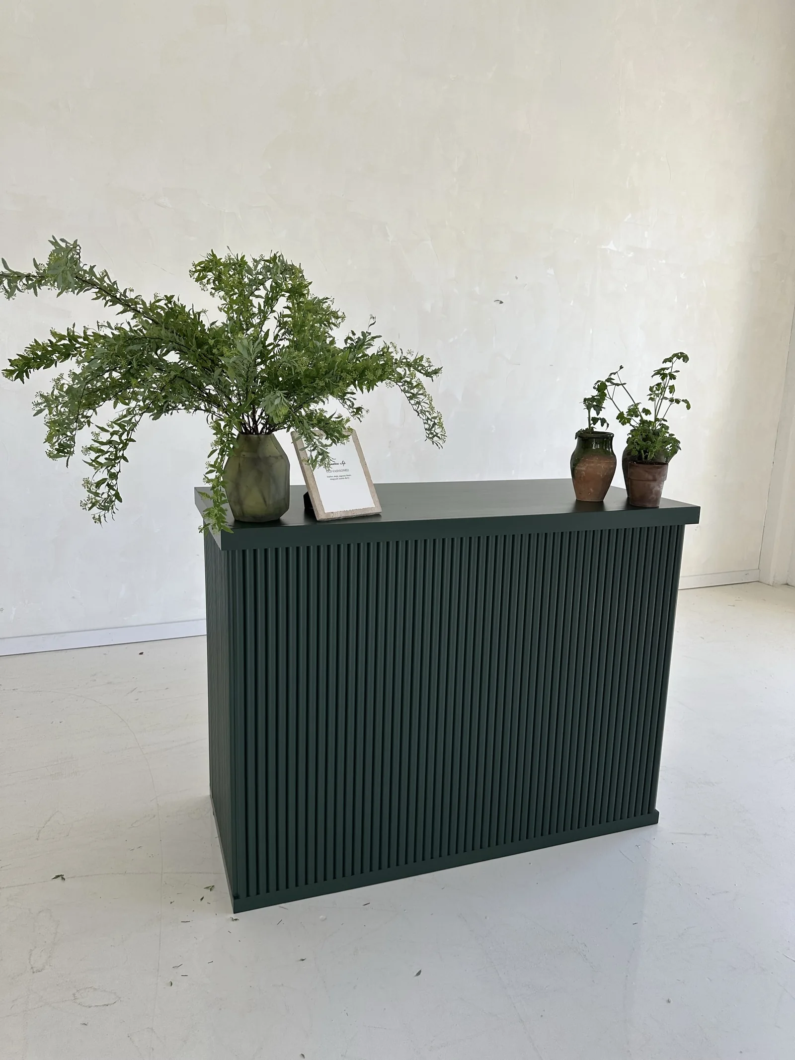 A RidgeCraft bar with a fluted front, painted forest green, styled with potted greenery