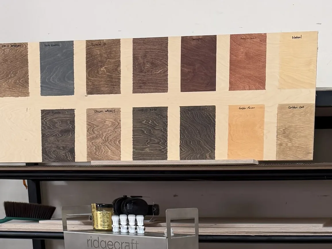 RidgeCraft's stain board, every countertop stain brushed on birch and labelled by hand